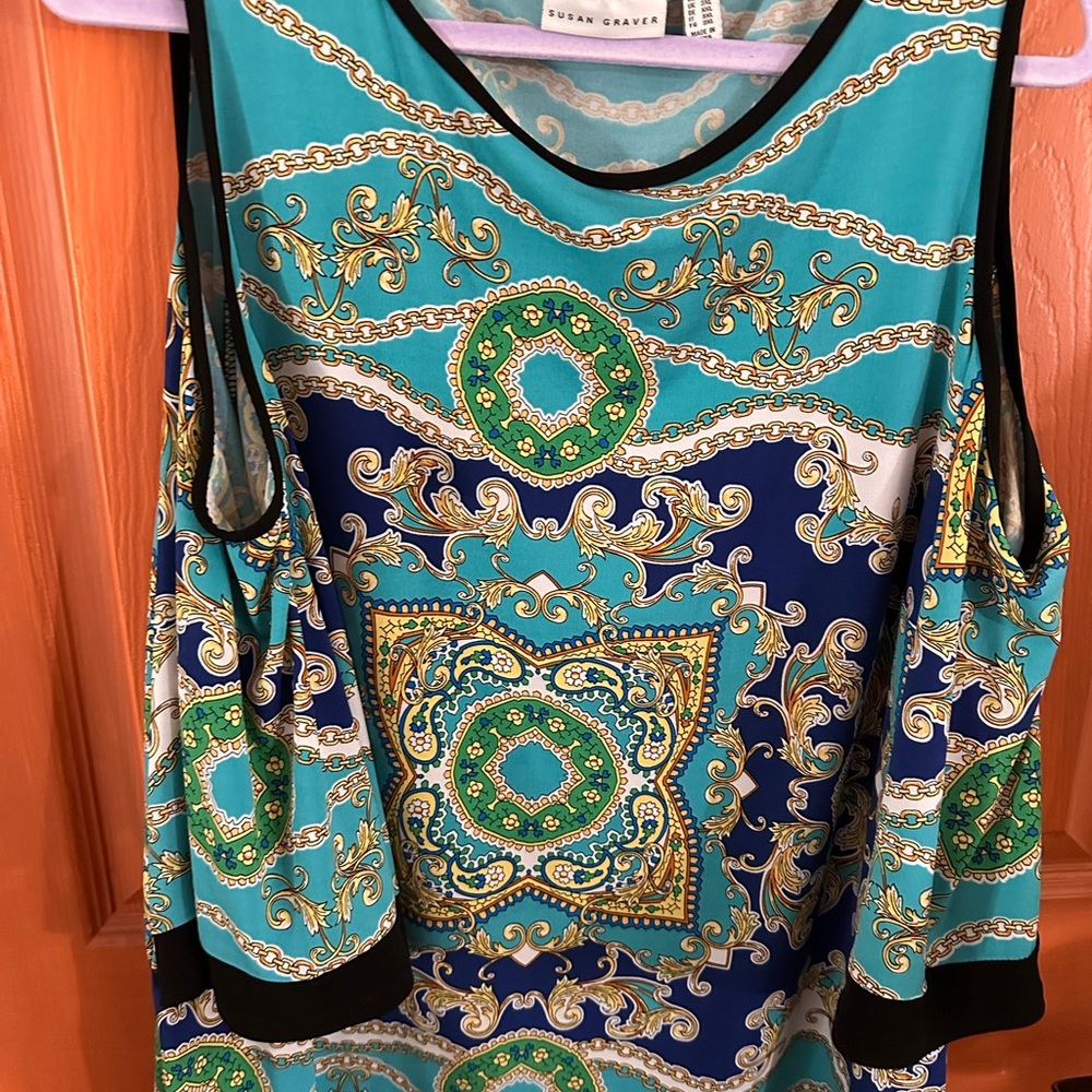 Susan Graver Teal Navy & Green Cold-Shoulder Printed Tunic